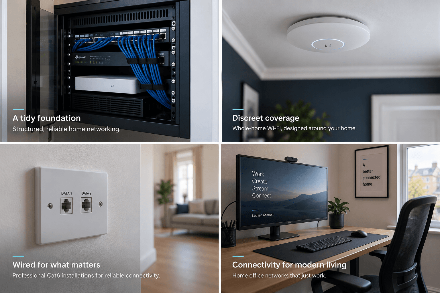 Illustrative collage of a network cabinet, ceiling Wi-Fi access point, Ethernet wall outlet and connected home office.
